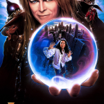 David bowie with long hair holding a chrystal ball in which in which he can see the 16 year old girl who hes trapped in the labyrinth