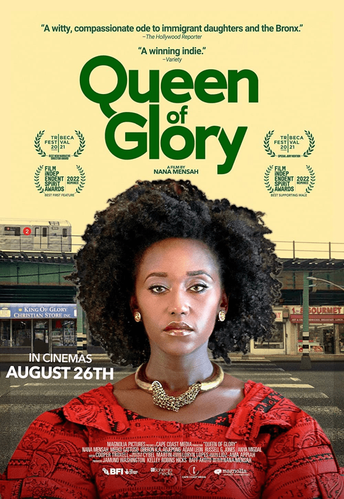 Queen of Glory Flyer, beautiful young woman with long afro hair and side parting in red ghanian dress.
