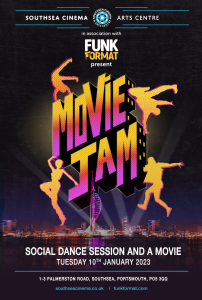 Gold red and Pink large capital diaganol writing saying movie jam with street dancing silhouts which are mostly golden, background is the night sky and an image of portsmouth skyline include the tower at gunwharf.