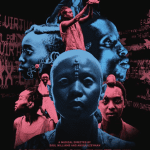 picture is in metalic blue and black and chrimson metalic red and black of futuristic black faces 3 large facing left right(men) and center is a blue womans face with a head dressing like cleopatra. Red figures are smaller girl at bottom left with future hair facing to the left and man with mohecan on the right facing forwards top center is a child minor